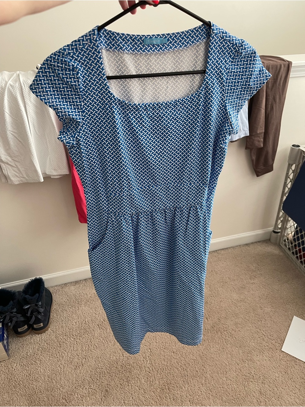 J. McLaughlin Blue Geometric Cap-Sleeve Midi Dress